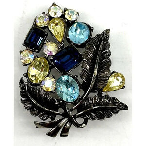 Vintage Brooch Ornate Round Blue Yellow Leaf Pattern Rhinestone 2"